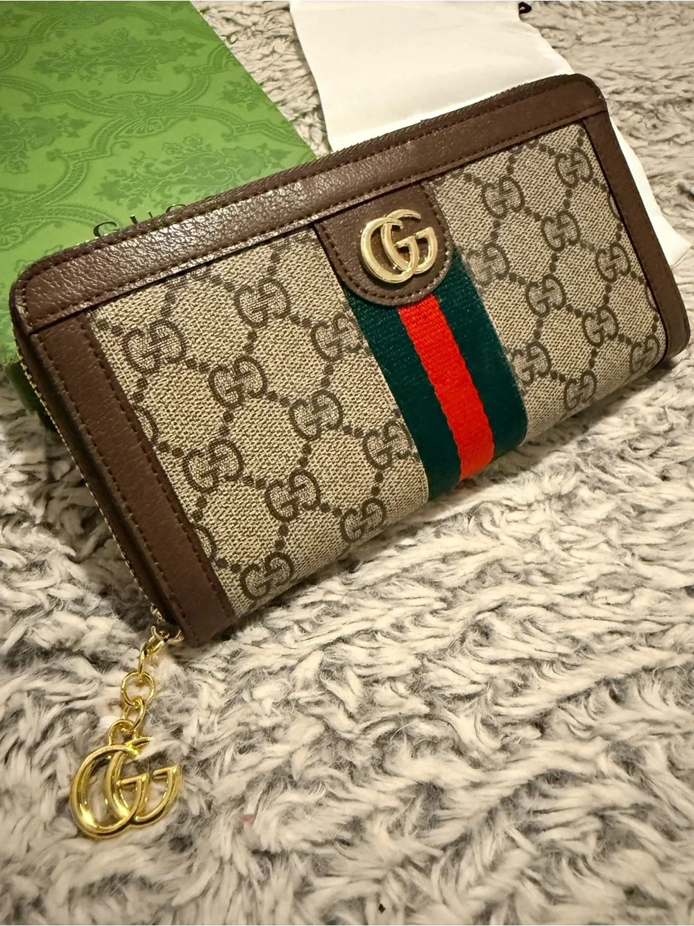 Brown Supreme Zip Around Wallet with Green-Red Web